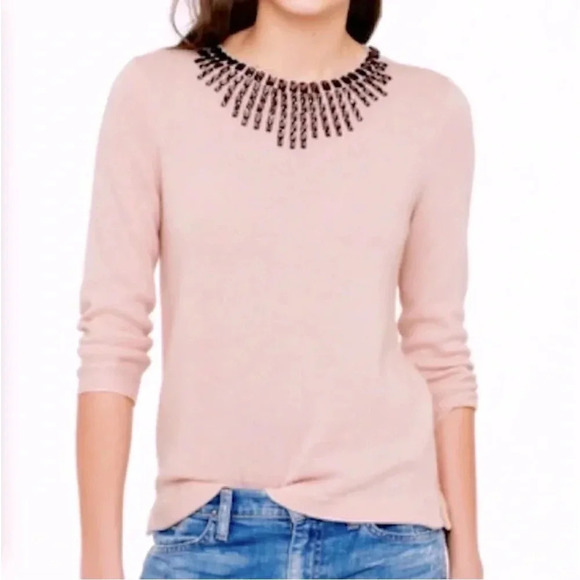 J. Crew Mauve Embellished Jeweled-Starburst Collar Sweater Merino Wool Size XS - Picture 1 of 13